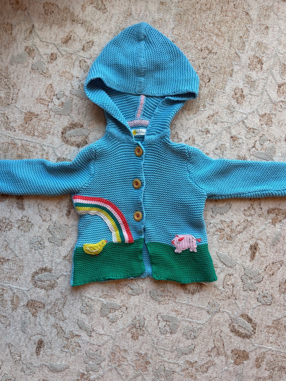 Baby Boden Knit Rainbow Farm Animal Landscape Hooded Button Up Cardigan Sweater